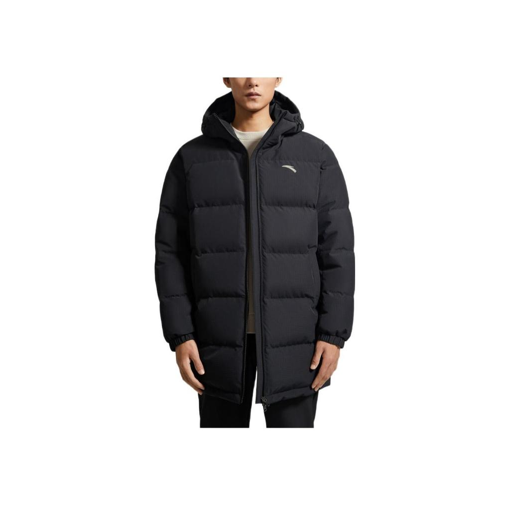 Anta FW22 Сплошной цвет с принтом логотипа, длинный пуховик на молнии с капюшоном, мужская верхняя одежда, черный 952247976-2