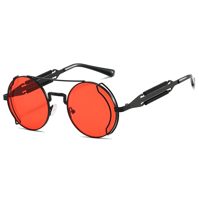 Non-polarized Steampunk Sunglasses Men Round Red Lens Punk Sun Glasses Black Metal Gothic Style New Products Women Shades