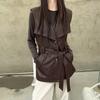 Womens Long PU Leather Vest With Collar Slim Fit Retro Camel Brown Black Sleeveless Waist-Cinching Outerwear