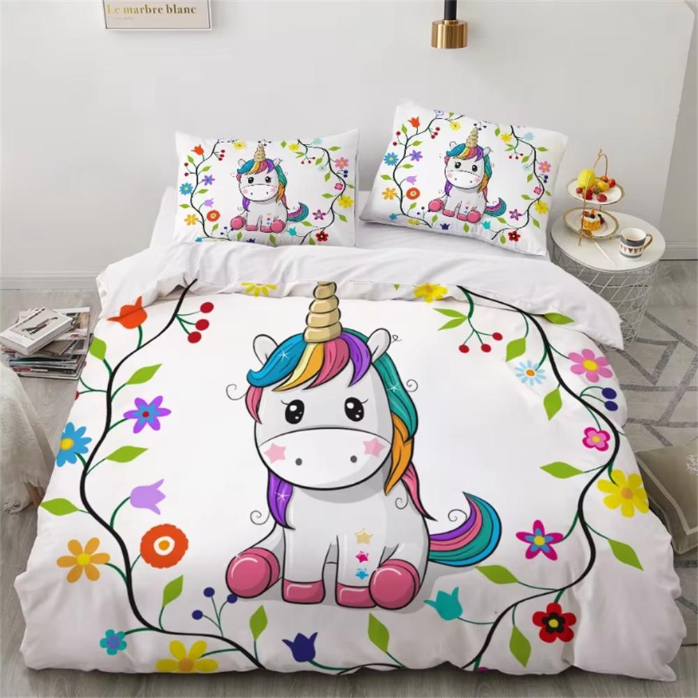 Children Bedding Sets Gifts Unicorn and Colorful Horse Printing Duvet Cover Sets for Kids Girls Boys 2/3 Pcs Single Pink Quilts