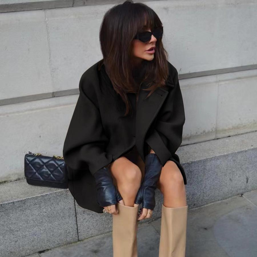 Женское свободное шерстяное пальто средней длины с лацканами и рукавами-летучими мышами NIZI8182