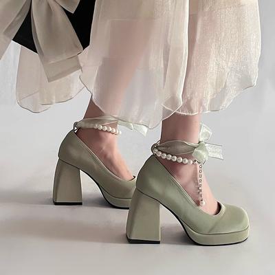 Жемчужная цепочка бант туфли Мэри Джейн на высоком каблуке детские весенне-осенние новые милые на толстом каблуке маленькие кожаные туфли