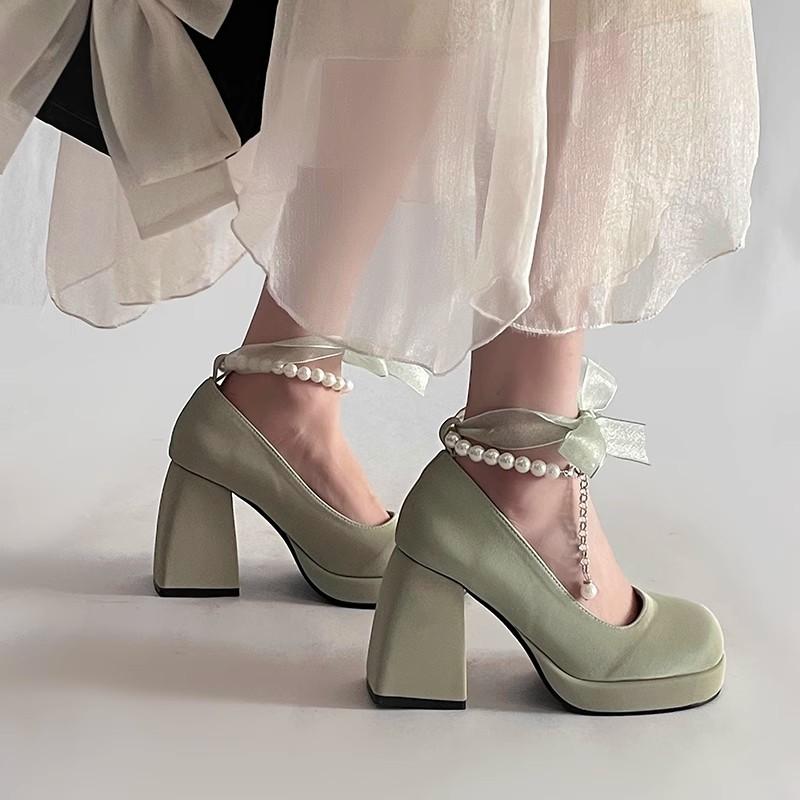 Туфли на высоком каблуке с толстым жемчужным каблуком женские весенние новинки 2025 года в стиле французской феи, простые, с увеличенным каблуком, туфли Мэри Джейн