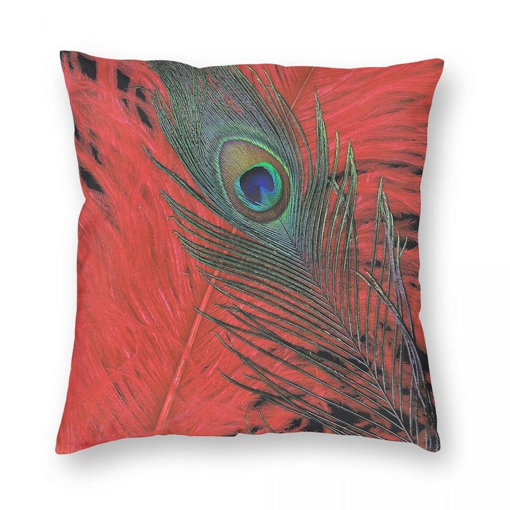 Red Hot Peacock Square Pillowcase Polyester Linen Velvet Pattern Zip Decorative Throw Pillow Case Room Cushion Cover