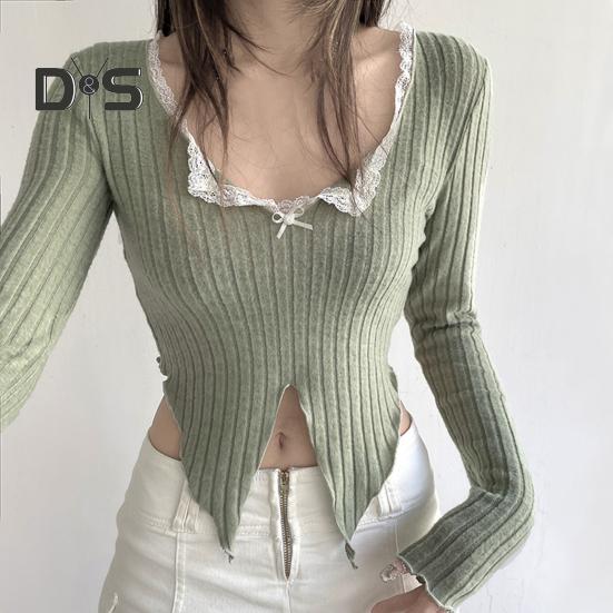 Женские топы с V-образным вырезом, кружевной строчкой, длинным рукавом, неровным подолом, однотонные облегающие укороченные топы в рубчик