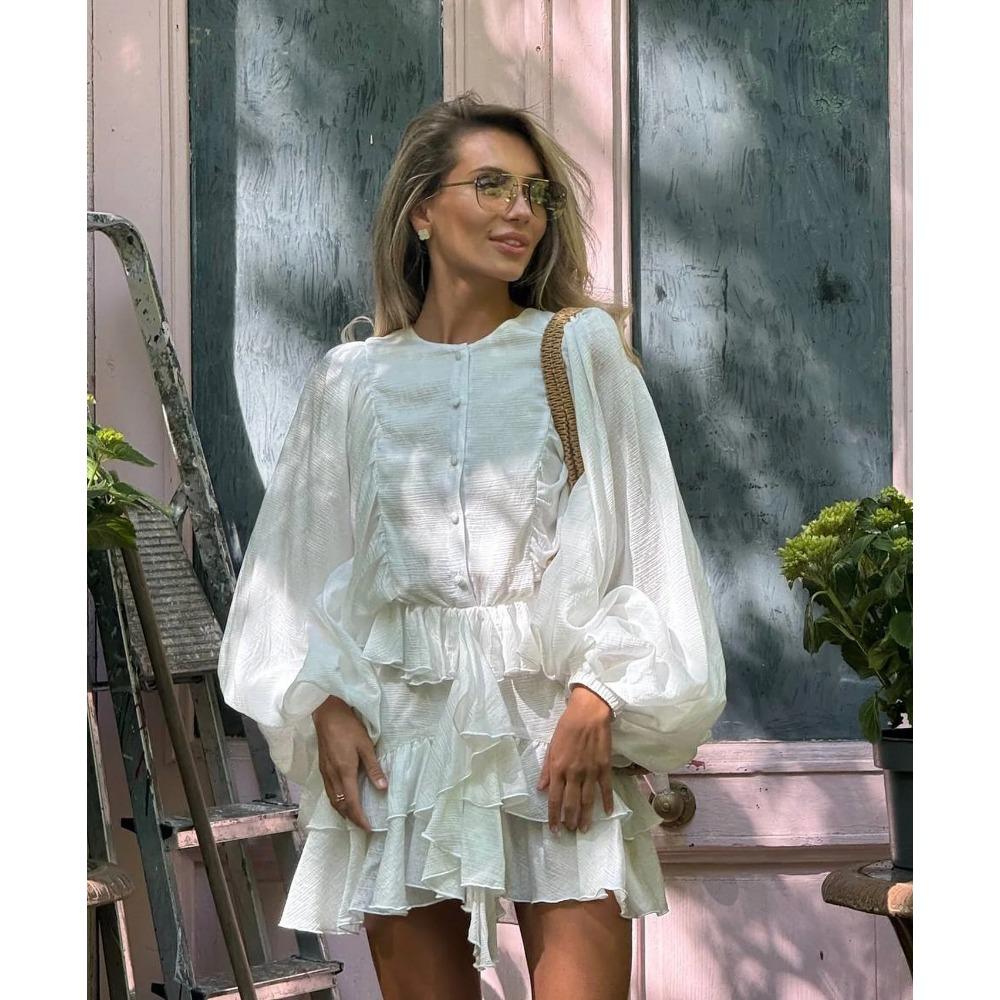 Elegant Solid Layered High Waist Mini Vestidos Women Chic Long Sleeve See Through Ruffles Single Breasted Dress New Street Wear