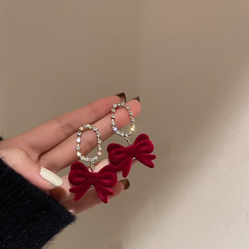 Серьги-капли с красным бантом для женщин, темпераментные серьги с сердечками и бантом для девочек, новогодние праздничные украшения
