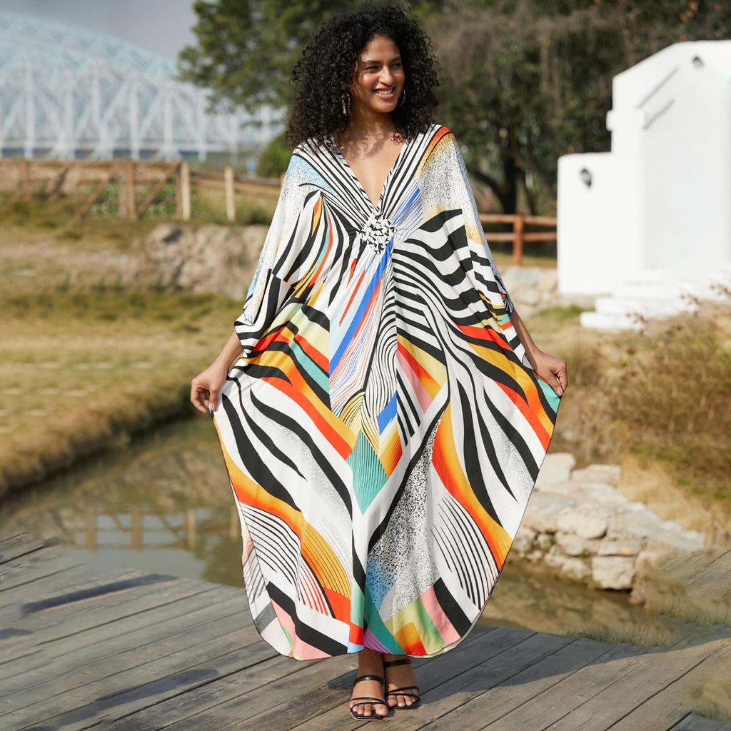 Beach Cover Up Geometric Printed Kaftans for Women Viscose Handmade Waved Maxi Dresses Summer Holiday Bathing Suits