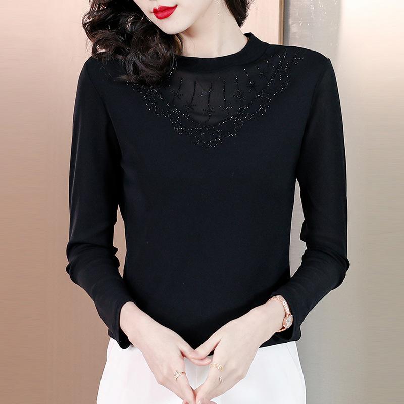 Mesh Base Shirt for Women's Winter Clothes, New Slim Fit and Elastic Long-sleeved Inner Wear, Diamond-shaped T-shirt Top