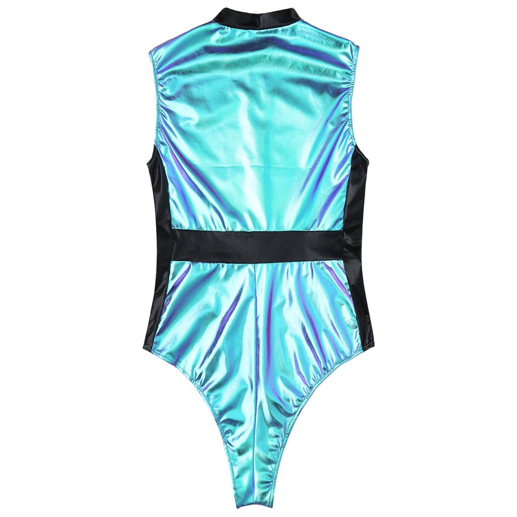 Женский модный боди с цветными блоками на молнии с воротником-стойкой, трико с металлическим блестящим комбинезоном без рукавов для вечеринки, клуба, музыкального фестиваля