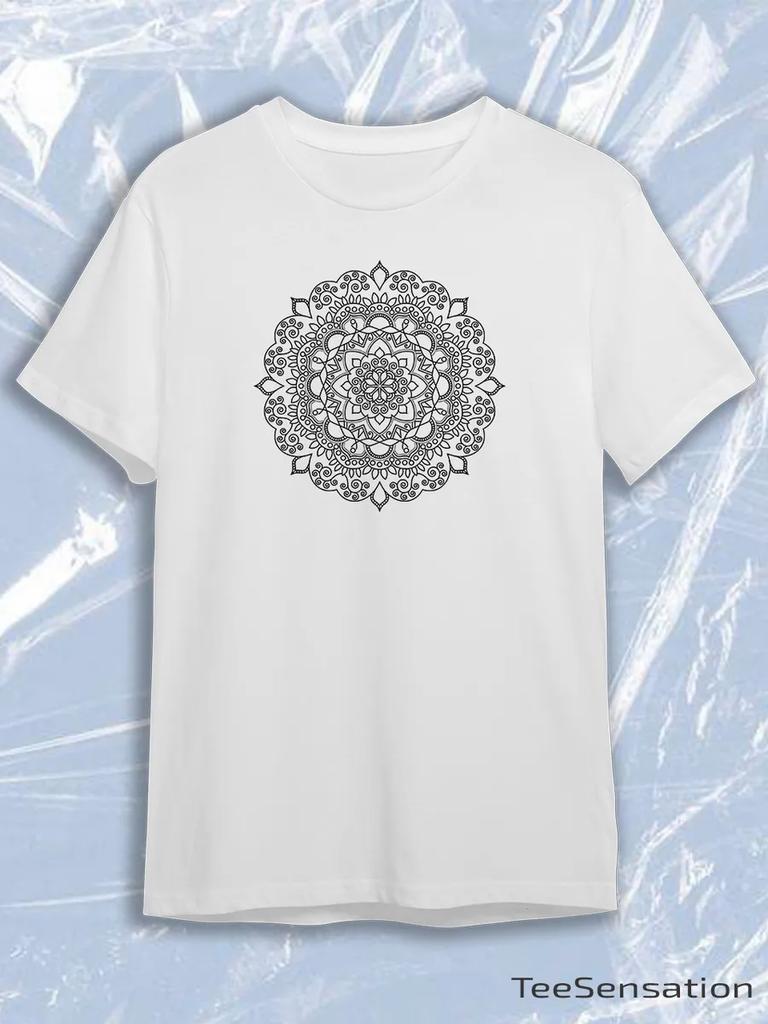 TeeSensation White Crew Neck Short Sleeve T-Shirt with Black Intricate Dot Circle Mandala Print