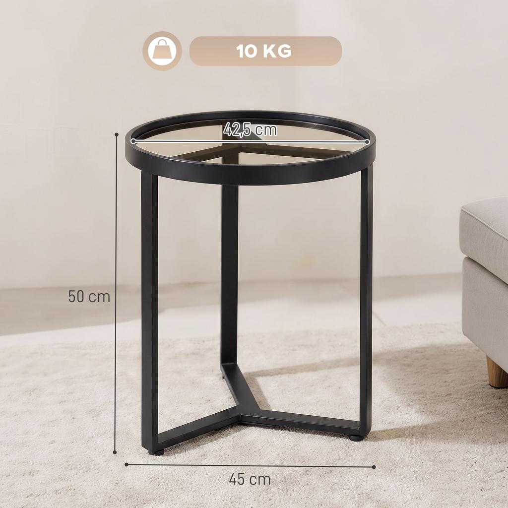 Round Side Table with Tempered Glass Top and Geometric Metal Frame for Small Space, Black