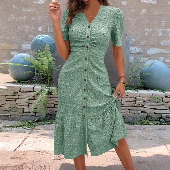 Женское длинное платье на пуговицах с драпировкой, повседневное платье макси с коротким рукавом и V-образным вырезом, летнее пляжное платье А-силуэта