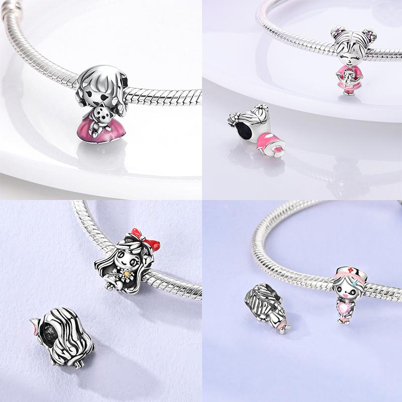 Original 925 Silver Girls Charms Bead Love Heart Family Charm Bead Pendant Fits Bracelet Womens Jewelry Gifts