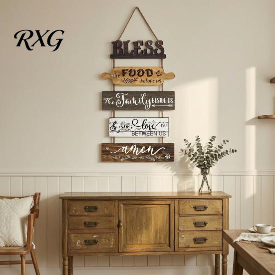 Decorative Wooden Letters for Wall Kitchen Decor, 5 Panel Bless Food Family Love Modern Rustic Home Accents Hanging Sign, Farmhouse Art Dining
