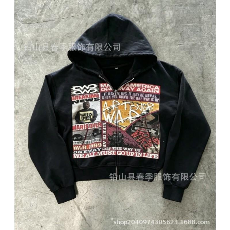 2026 Retro Print Zip-Up Hoodie Unisex Streetwear Oversized Casual Sweatshirt Teens Adults