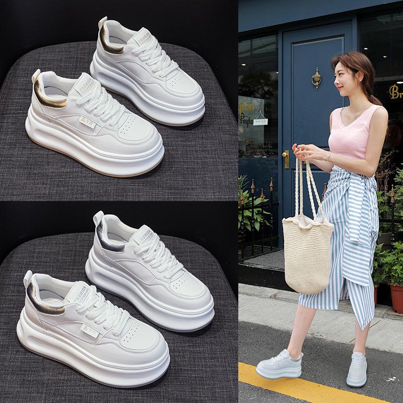 2024 Spring Women's White Leather Sneakers - Heightened, Thick-Soled, Wedge Heel, Casual, Comfortable, and Stylish