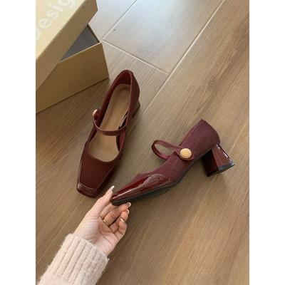 Версия из овчины ~ новые красные туфли Мэри Джейн, неглубокий толстый каблук, застежка-липучка в один ремешок, высокие каблуки, женские туфли