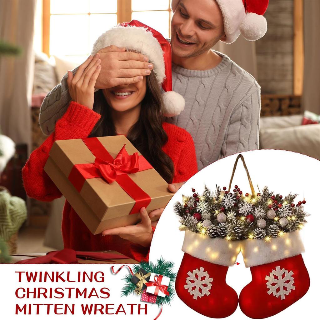 Twinkling Christmas Mitten Wreath, Christmas Lighted Werath Front Door Artificial Garland, Christmass Balls Hanging For Par