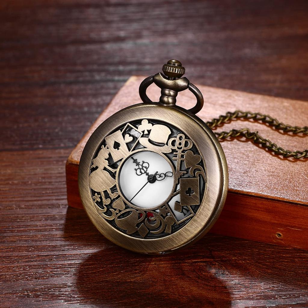 Карманные часы «Алиса в стране чудес», симпатичные женские аналоговые часы-скелетоны, карманные часы, водонепроницаемые, ретро, ожерелье, цепочка для свитера, день рождения, Рождество