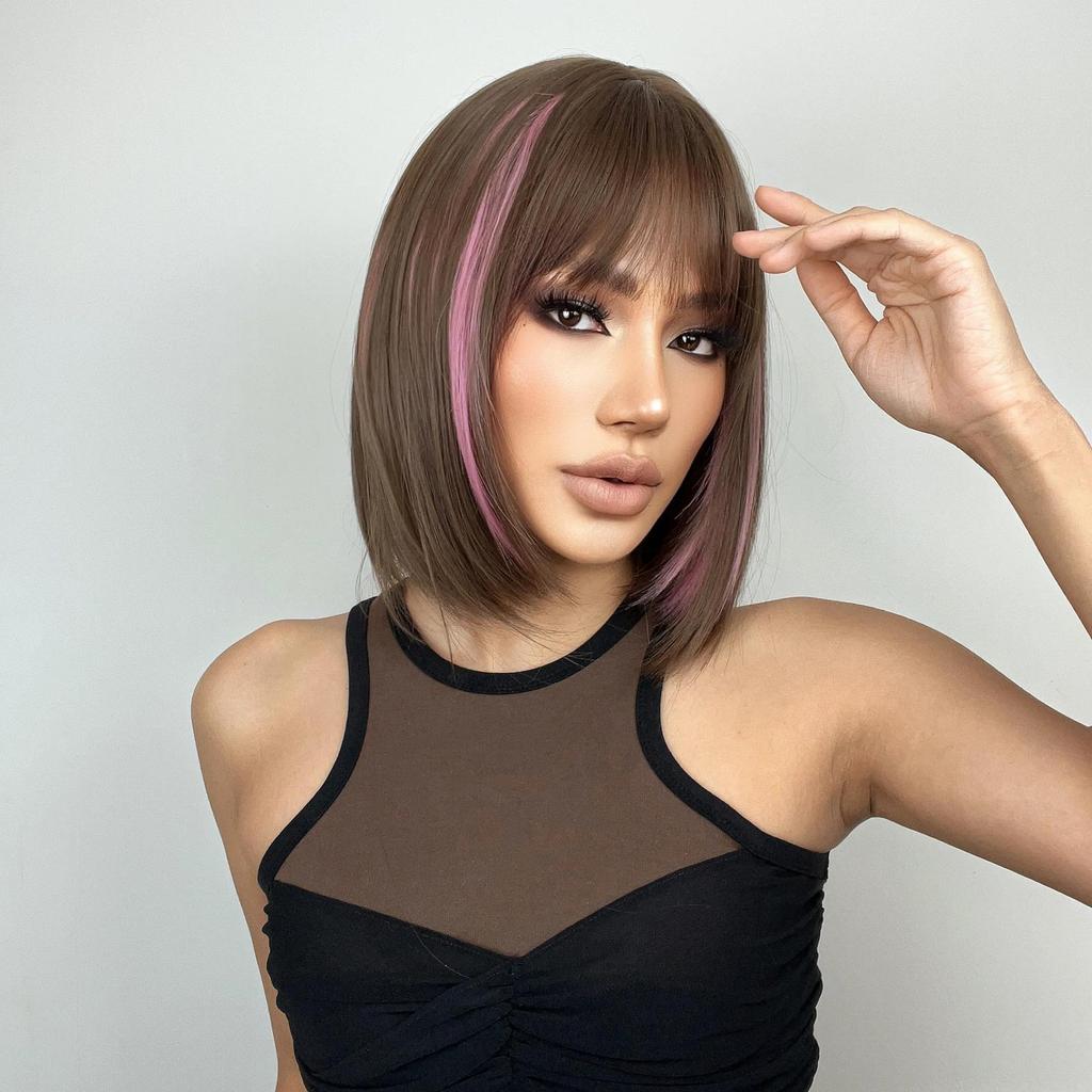 ALAN EATON Короткий коричневый парик боб для женщин, розовый парик пикабу с челкой, прямые волосы длиной до плеч, термостойкий парик