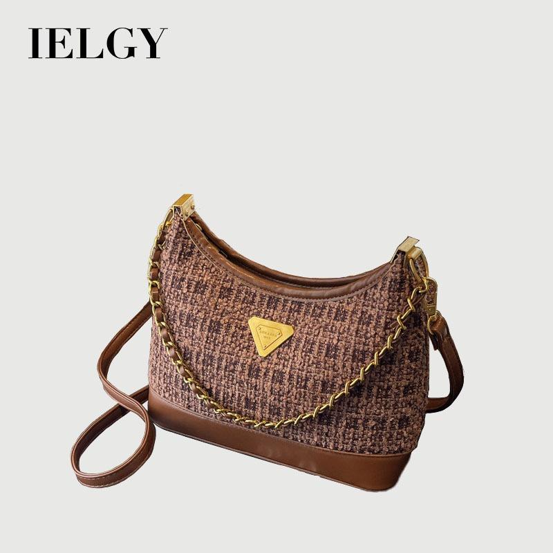 Ielgy Woolen Bag Women's Messenger Bucket Bag Fashion Plaid Shoulder Chain Commuter Bag