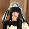 Осенне-зимняя вязаная шапка для женщин с длинными ушками кролика, милая полосатая шерстяная шапка, теплая защита ушей, нишевая личность, теплая шапка от холода