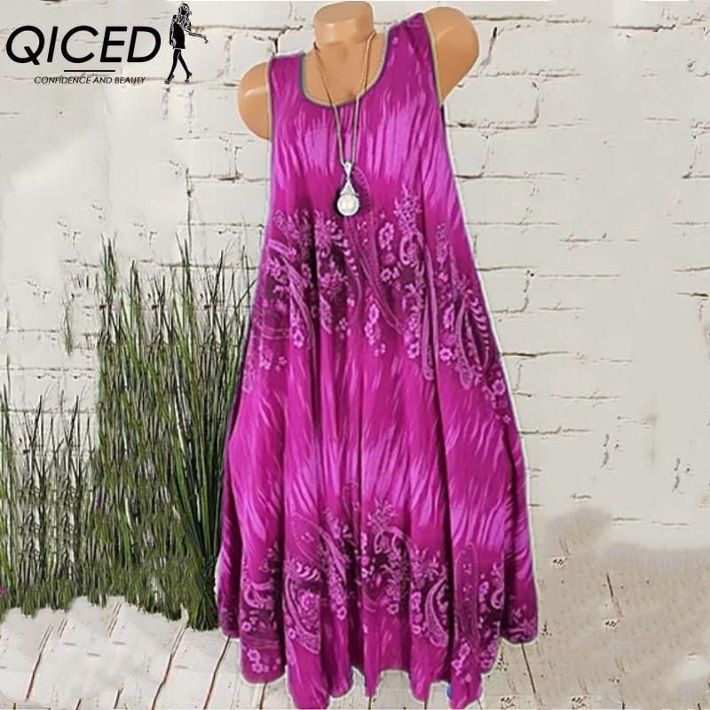 QICED Летнее платье без рукавов с цветочным принтом и круглым вырезом - Легкое и струящееся для повседневной носки и пляжа