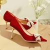 Fashion Rimocy Sexy Red Velvet Wedding Shoes for Women 2024 Luxury Pearl Bowknot Pointed Toe Pumps Woman Stiletto High Heels Dress Shoes