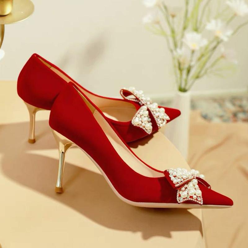 Rimocy Sexy Red Velvet Wedding Shoes For Women  Luxury Pearl Bowknot Pointed Toe Pumps Woman Stiletto High Heels Dress Shoes