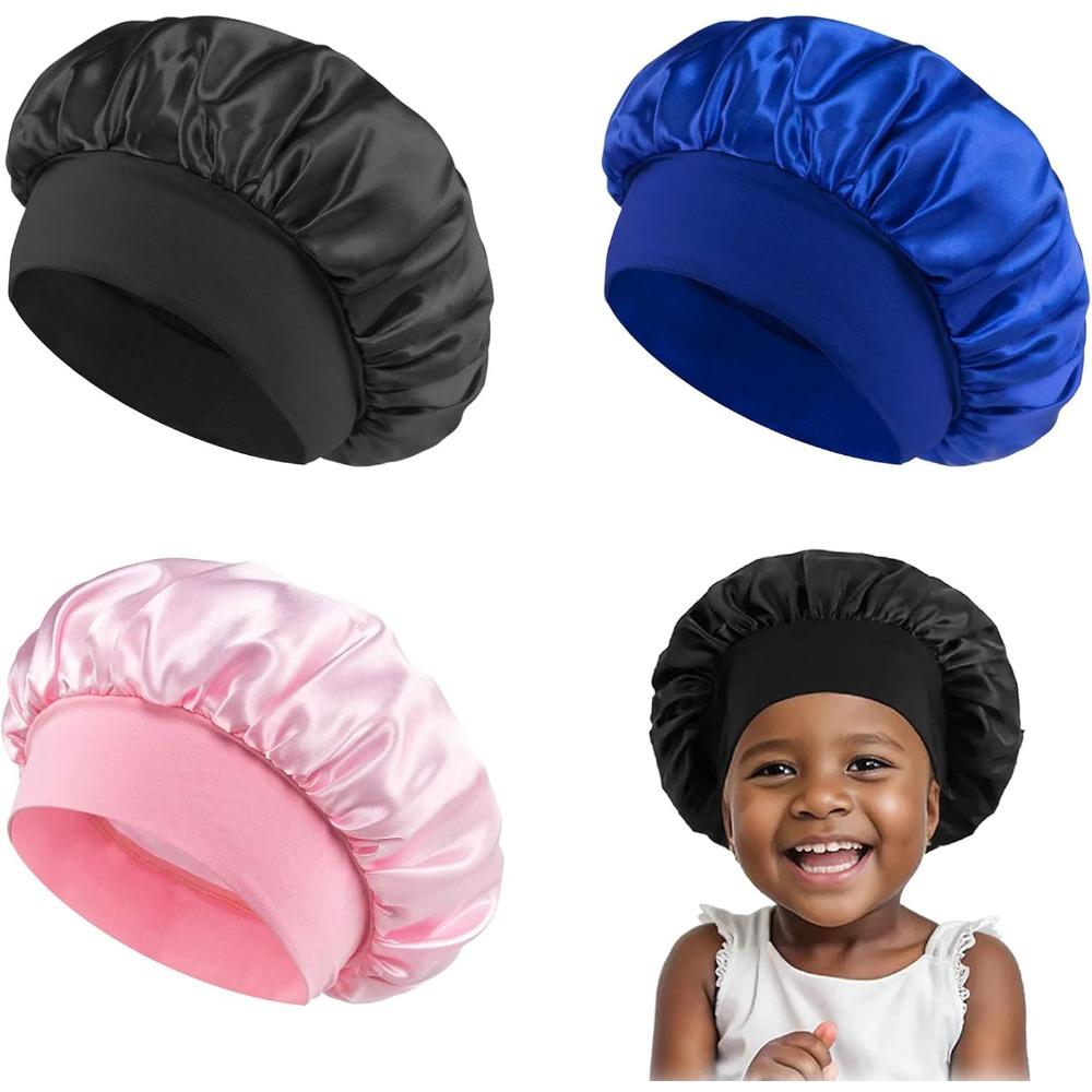 3 Pcs Kids Silk Bonnet for Sleeping, Satin Hair Bonnet for Girls Boys, Soft Sleep Cap for Toddlers Teens, Black Blue Pink
