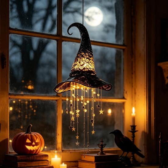 Загадочный ornament в виде шляпы ведьмы, подвесной колокольчик со светом, полый с подсветкой LED для Хэллоуина, для сада, со звездочками и кисточками, шляпа ведьмы, крыльцо, двор, окно