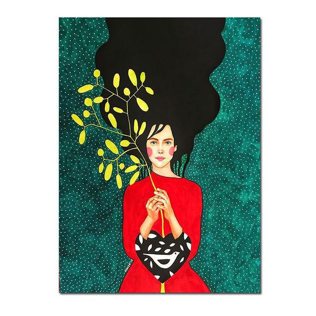 Скандинавская абстрактная девушка, цветок, птица, холст, картина, печать плакатов, винтажная настенная художественная картина для гостиной, домашний декор, Cuadros, без рамки
