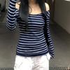 Весна Лето Полосатый Топ на одно плечо с длинными рукавами Универсальные утягивающие футболки Женские
