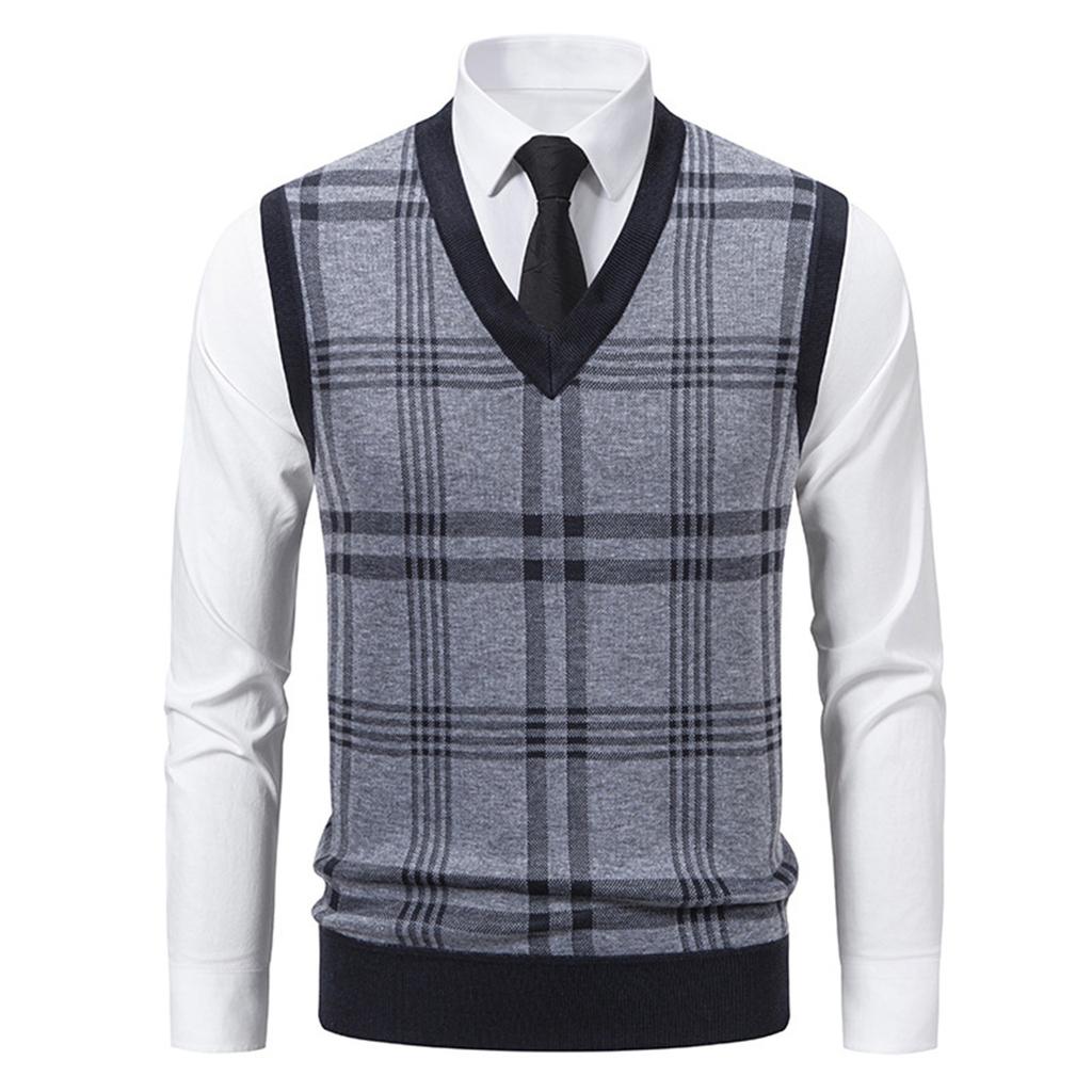 Men's Winter Fleece-Lined Plaid Vest, Pullover, Loose-Fitting Men's Sleeveless Sweater Vest