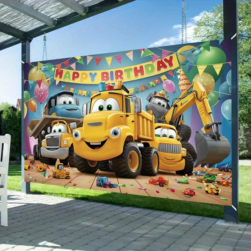 1pc Building Theme Birthday Party Banner - Excavator and Bulldozer Pattern Design, with "Happy Birthday"