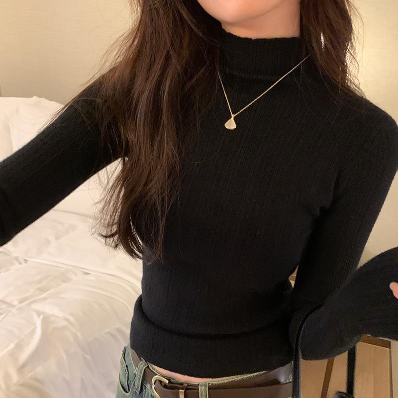 Высококачественная белая трикотажная нижняя рубашка для женщин на осень и зиму, полуводолазка в корейском стиле, внутренний топ, простой мягкий вощеный свитер