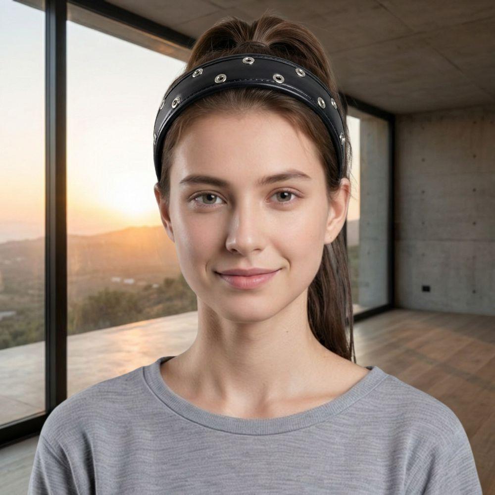 Punk Leather Headband Black and Red Wide Metal Rivets Headwear Versatile Hair Accessory Hollow Ring Hair Hoop Travel Shopping
