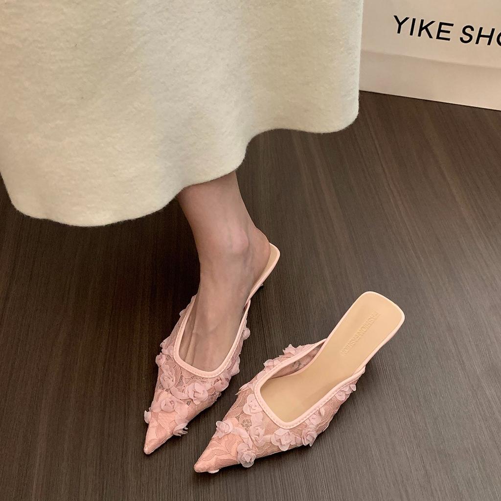 Fashion Summer Women's Fashion High Heel Mules Slippers Elegant Cover Toe Dress Lace Slides Ladies Dancing Party Prom Shoes