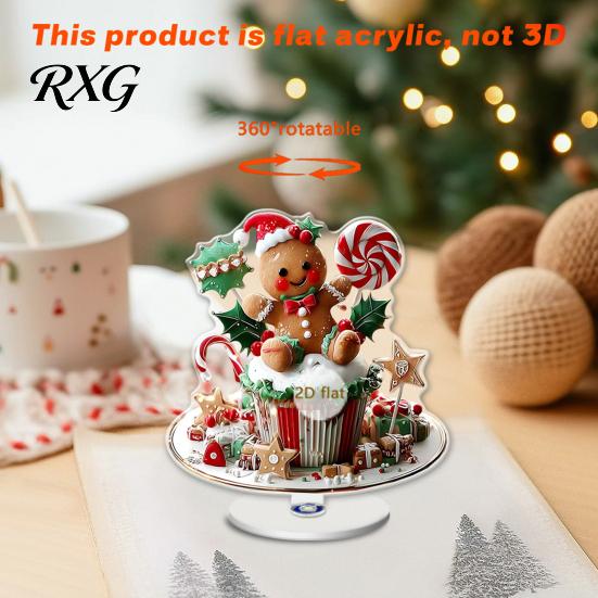 Decorative Acrylic Christmas Signs Gingerbread Cupcake Rotating Desktop Ornament, 2D Flat Rotatable Festive Party Table Ornament Plaque with Base for