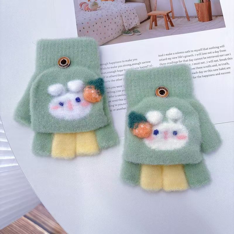 Студенческие зимние теплые перчатки с открытыми пальцами, флисовые утолщенные мужские и женские перчатки для письма, мультяшные милые вязаные перчатки без пальцев с откидным верхом