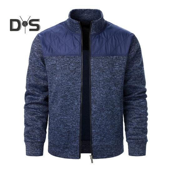 Осень-зима мужская куртка трикотажная пэчворк застежка-молния воротник стойка кардиган длинные рукава средней длины приталенный крой термопальто