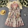 French Vintage Print One Piece Dress Women Lantern Sleeve Single Breasted Ladies Dresses Princess Lace Up Design Clothes