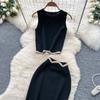 Summer Women Designer Black Knitted Sweater Two Piece Set Short Tank Pullover Top and Long Maxi Sheath Skirt Suit