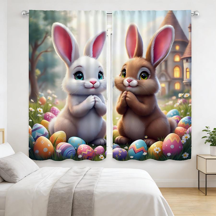 2PCS Multicolor Easter Bunny And Colorful Eggs Pattern Curtains Rod Pocket Design For Bedroom And Living Room