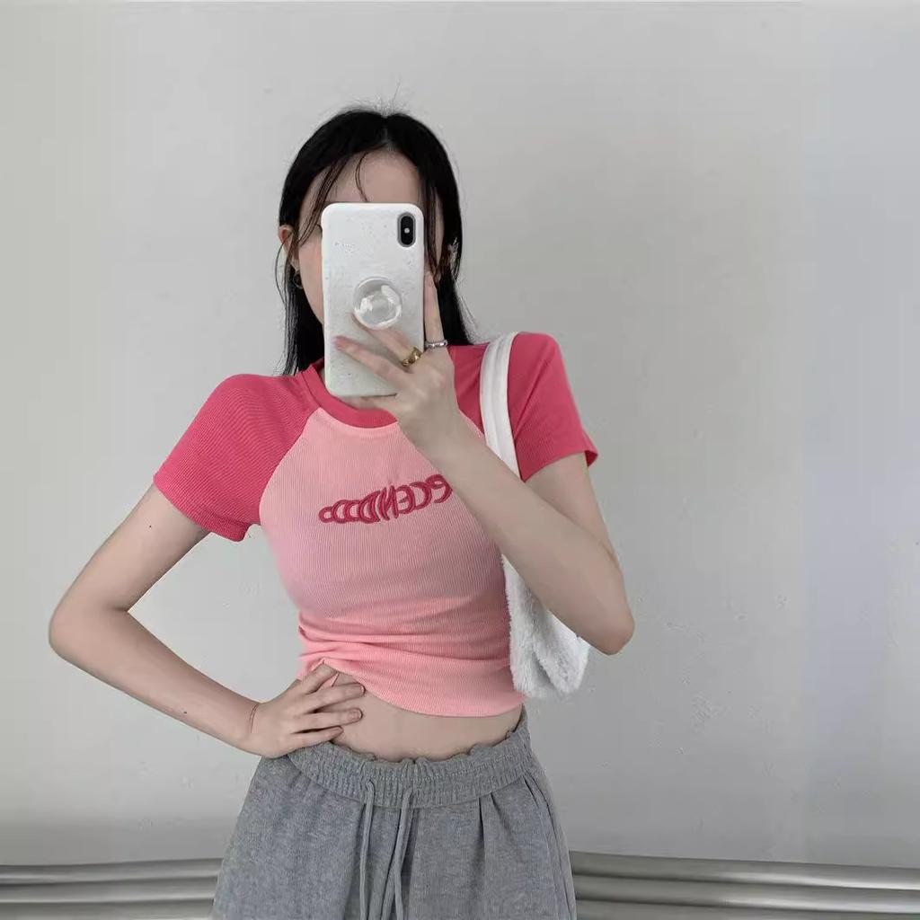 Y2K женская футболка в стиле пэчворк с буквенным принтом, облегающие укороченные топы, уличная одежда, повседневные корейские модные футболки с короткими рукавами, женские футболки