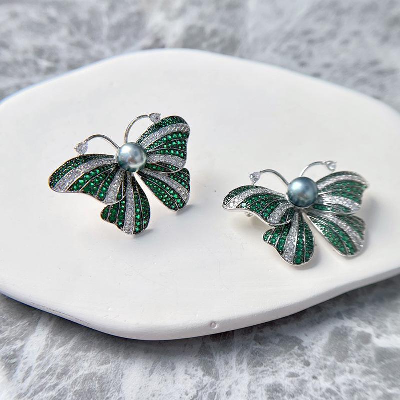 Luxury Gold-Plated Green Butterfly Brooch for Women - Pearl, Zircon Pin, Micro-Paved Design