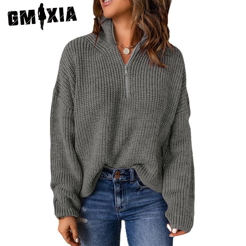 GMXIA Женские модные повседневные однотонные свободные свитера с воротником на осень и зиму с длинным рукавом и воротником-стойкой