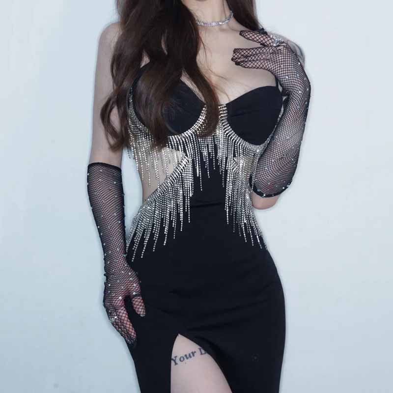 Сексуальные эластичные сетчатые женские длинные перчатки, блестящие бриллианты, для вечеринок, банджи, сценических выступлений, полые, рыболовная сеть, панк, хип-хоп аксессуары