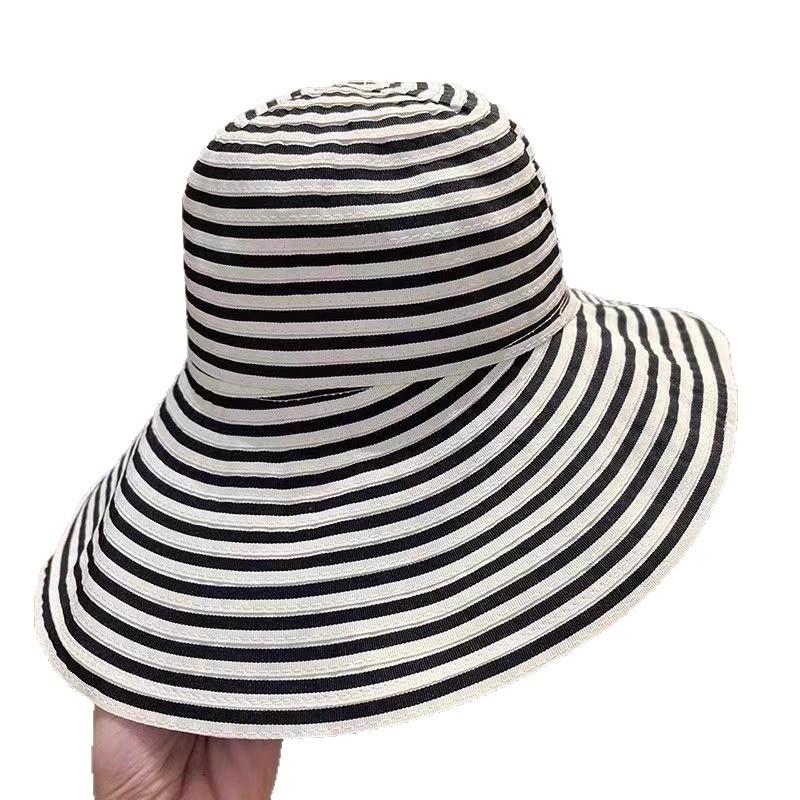 Korean-style foldable summer striped fisherman hat for women, new long sun protection hat, fashionable large head circumference sun hat